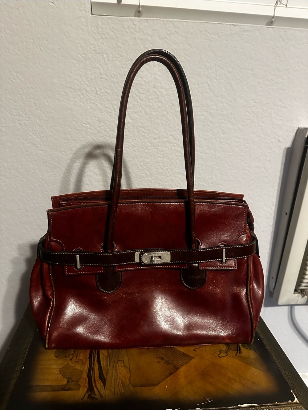 Rina Rich Burgundy and Dark Brown Leather Satchel